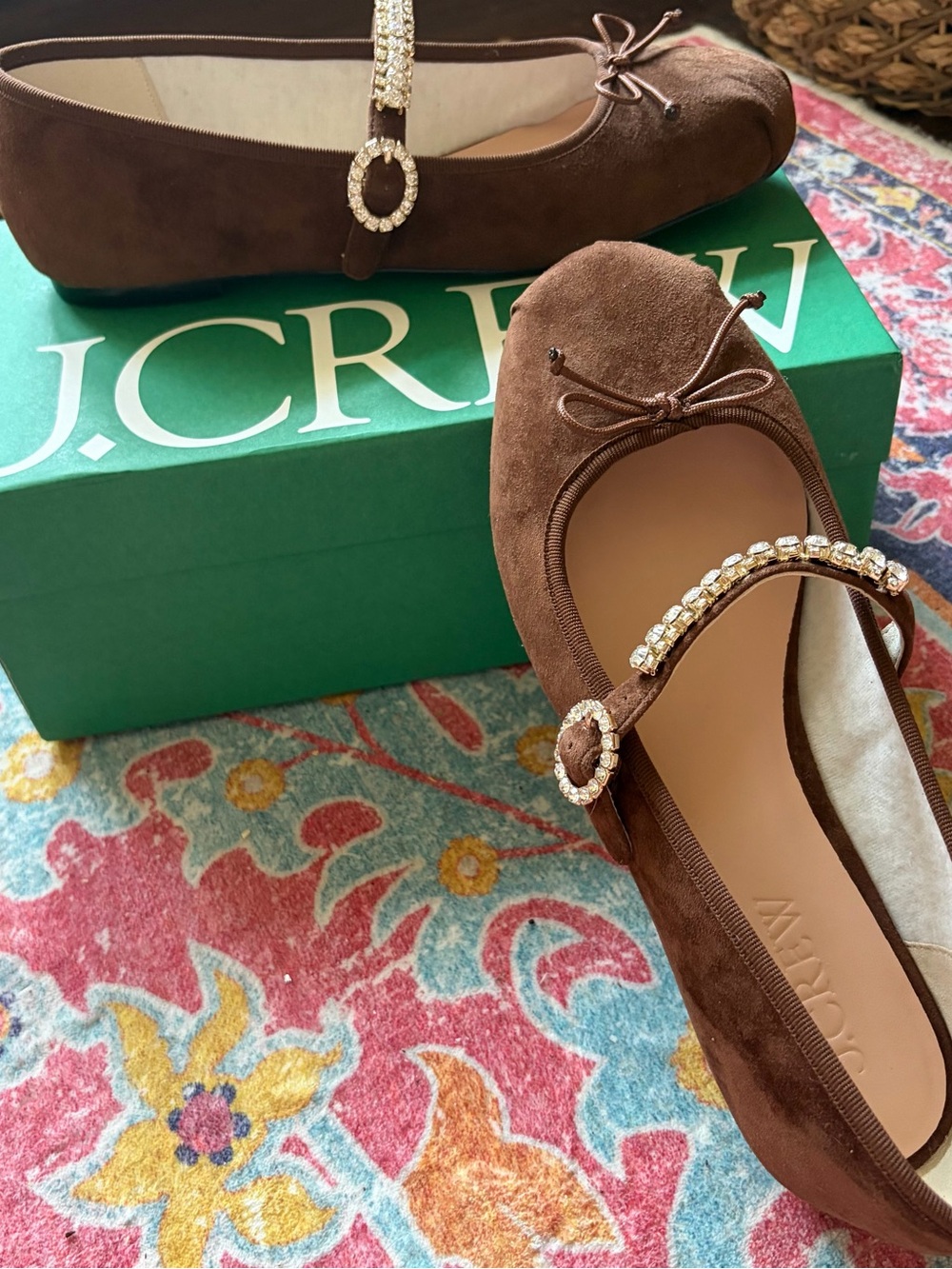 J CREW Logan Embellished Mary Jane Ballet Flat in Chocolate Suede Size 10 NIB